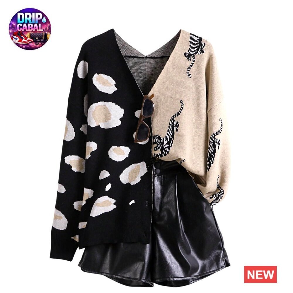 Animal Print Cardigan Sweater Coat V Neck Button Down Chic Oversized Y2K